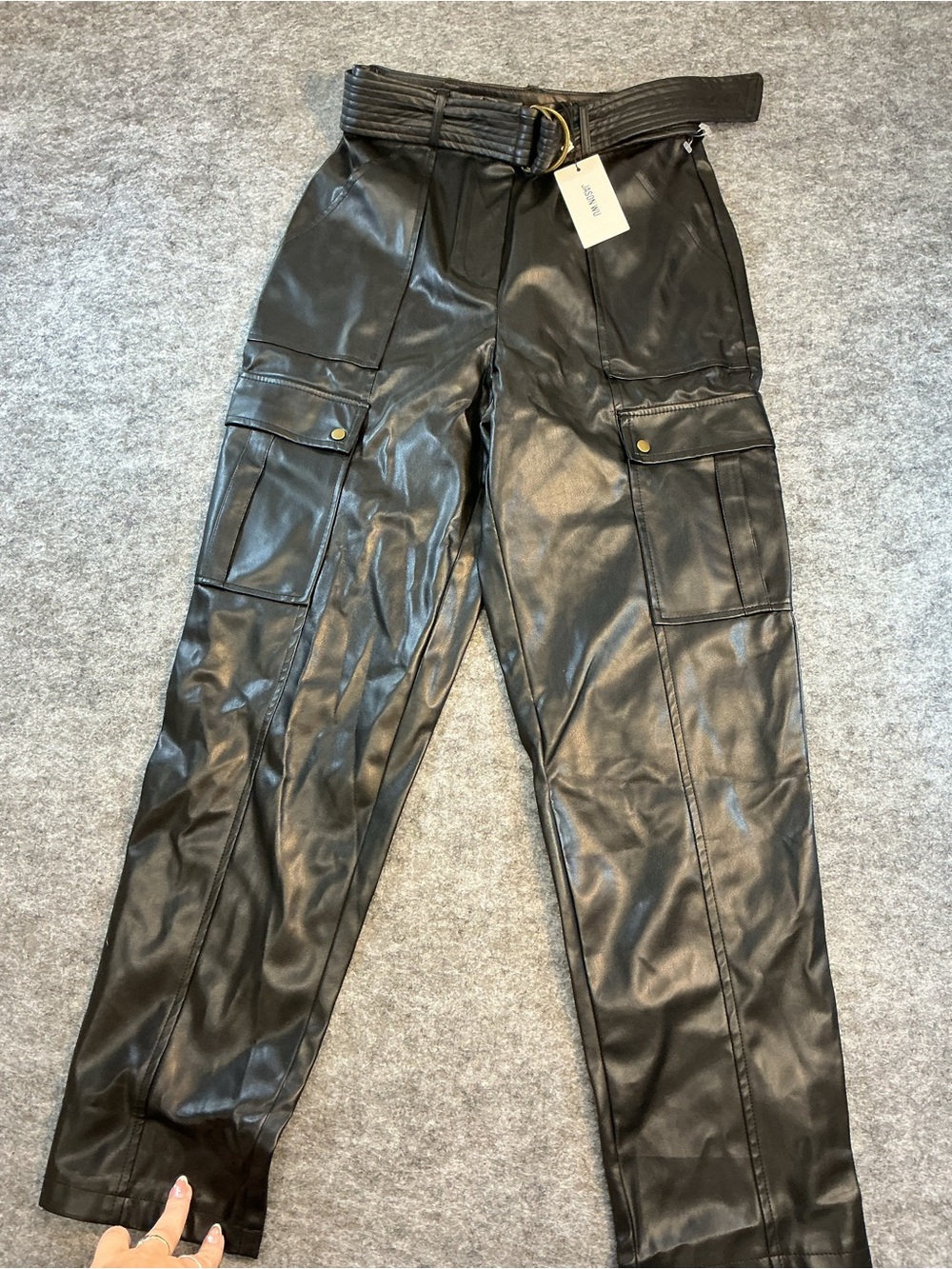 Jason Wu Black Faux Leather Cargo Pants with Belt Size 2